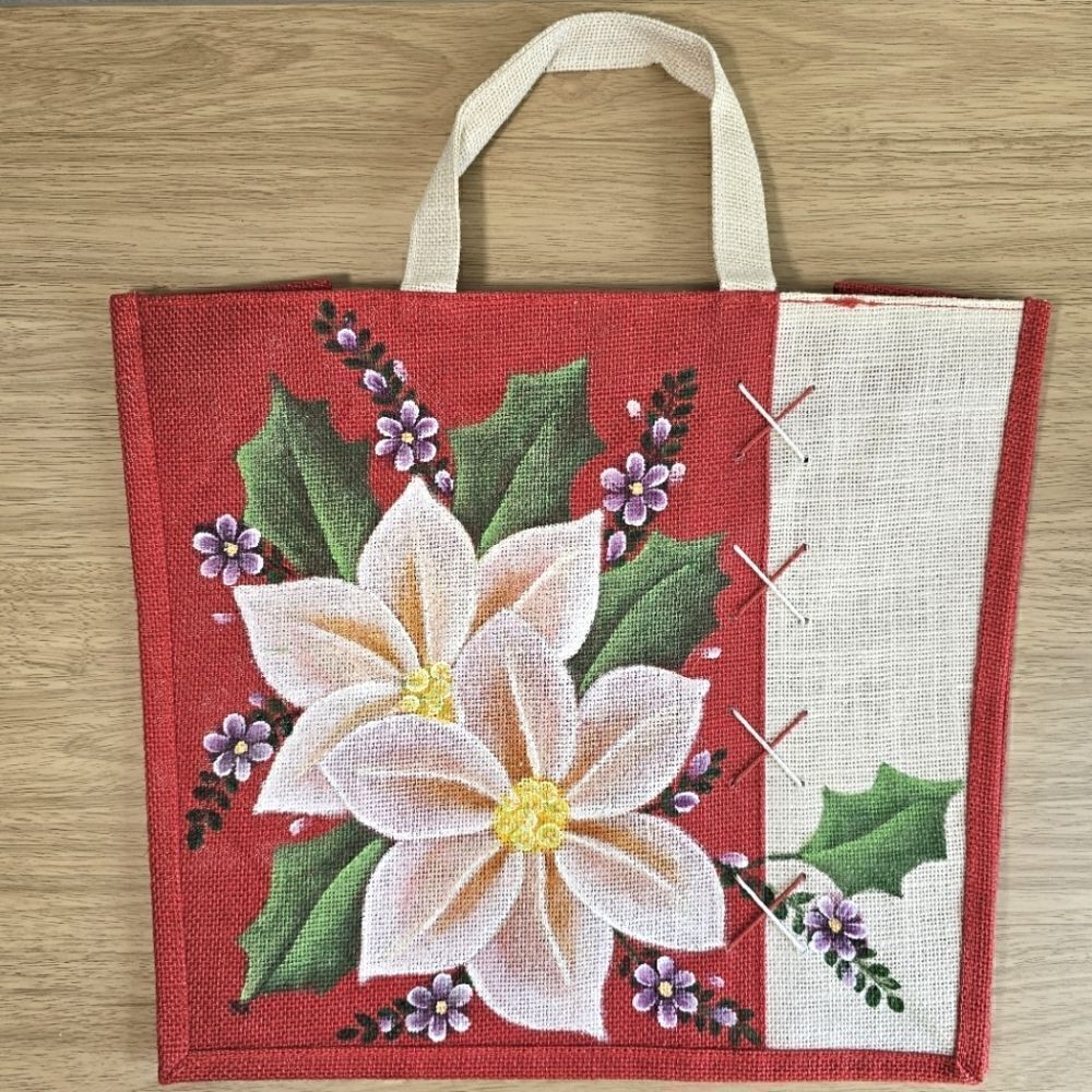 Hand-Made Tote Bag Christmas Jute Craft-Fabric Ribbon Flowers Hand Painted Gift
